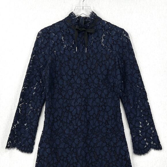 SANDRO Rina Long Sleeve Lace Dress Womens Large Navy Blue Black Sheath Mini - Picture 6 of 16